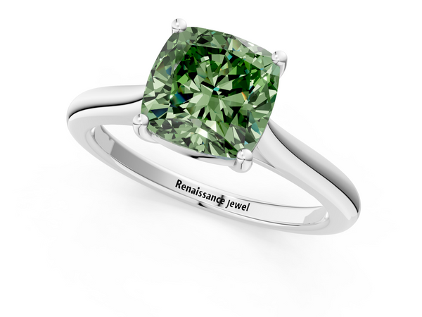 Platinum Fancy Green Cushion  Cut Solitaire Ring with Cathedral Band and Four-Prong Setting