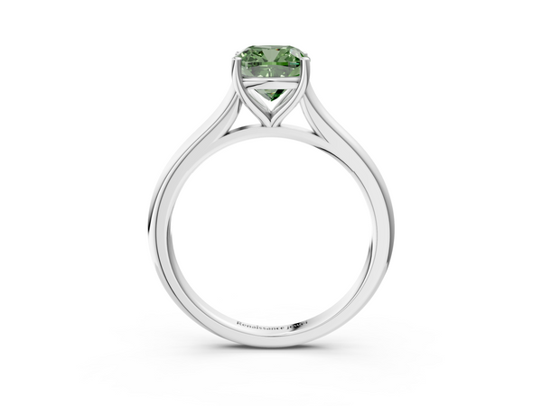 Platinum Fancy Green Cushion  Cut Solitaire Ring with Cathedral Band and Four-Prong Setting