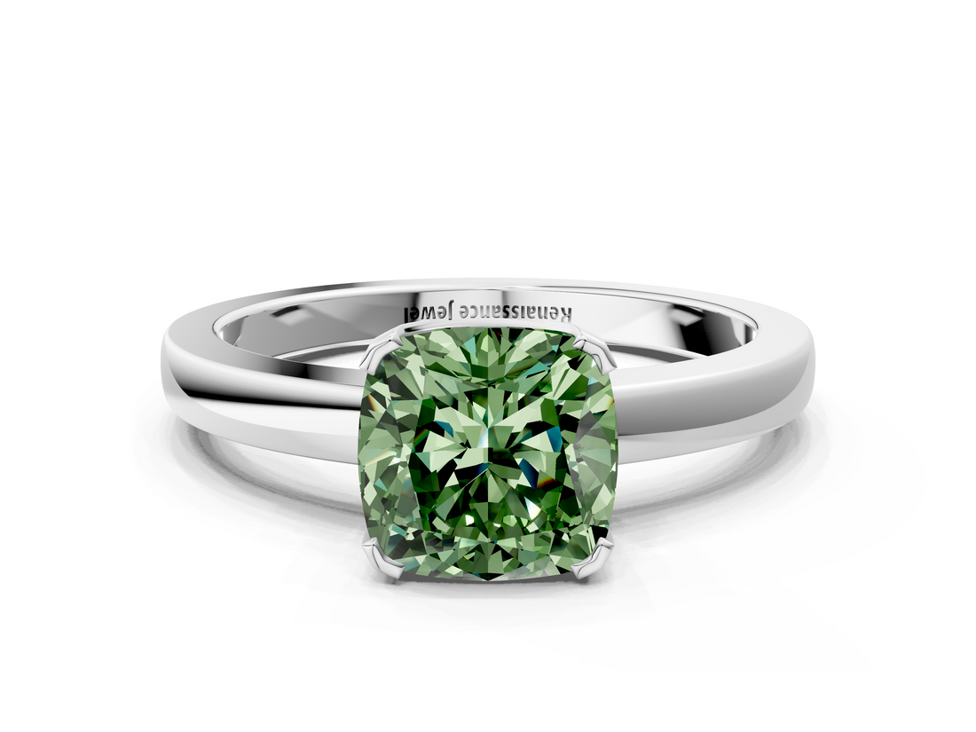 White gold Fancy Green Cushion  Cut Solitaire Ring with Four-Prong Setting and Classic Band_41