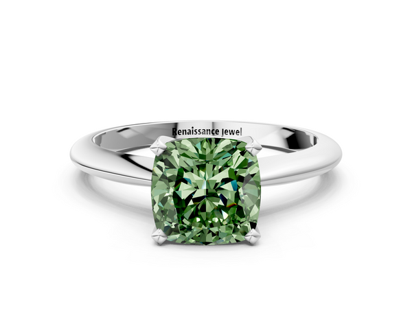 Platinum Fancy Green Cushion  Cut Solitaire Ring with Four-Prong Setting on a Classic Band