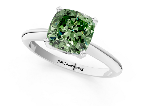 Platinum Fancy Green Cushion  Cut Solitaire Ring with Four-Prong Setting on a Classic Band