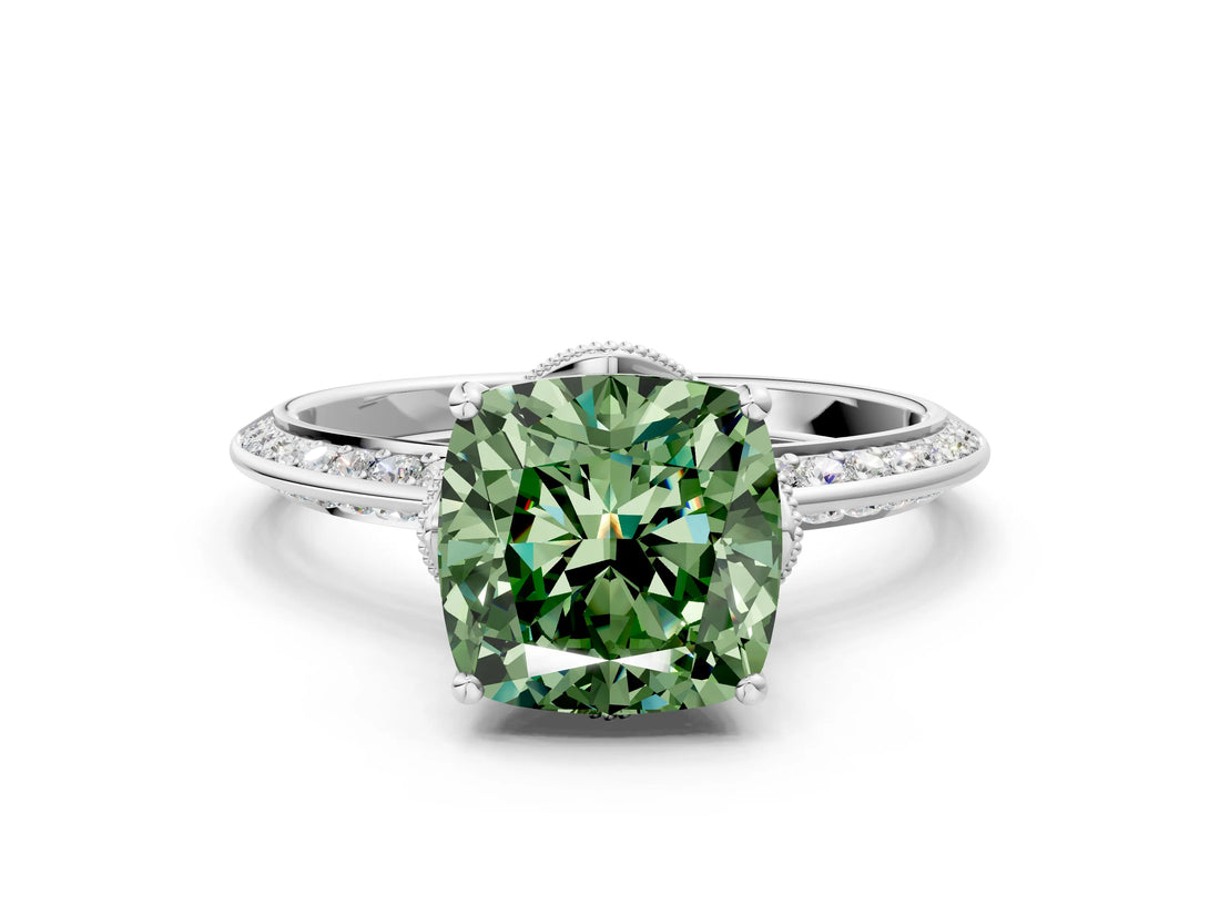 White gold Fancy Green Cushion Cut Solitaire Split Shank Pave Diamond Engagement Ring with Four-Prong Setting