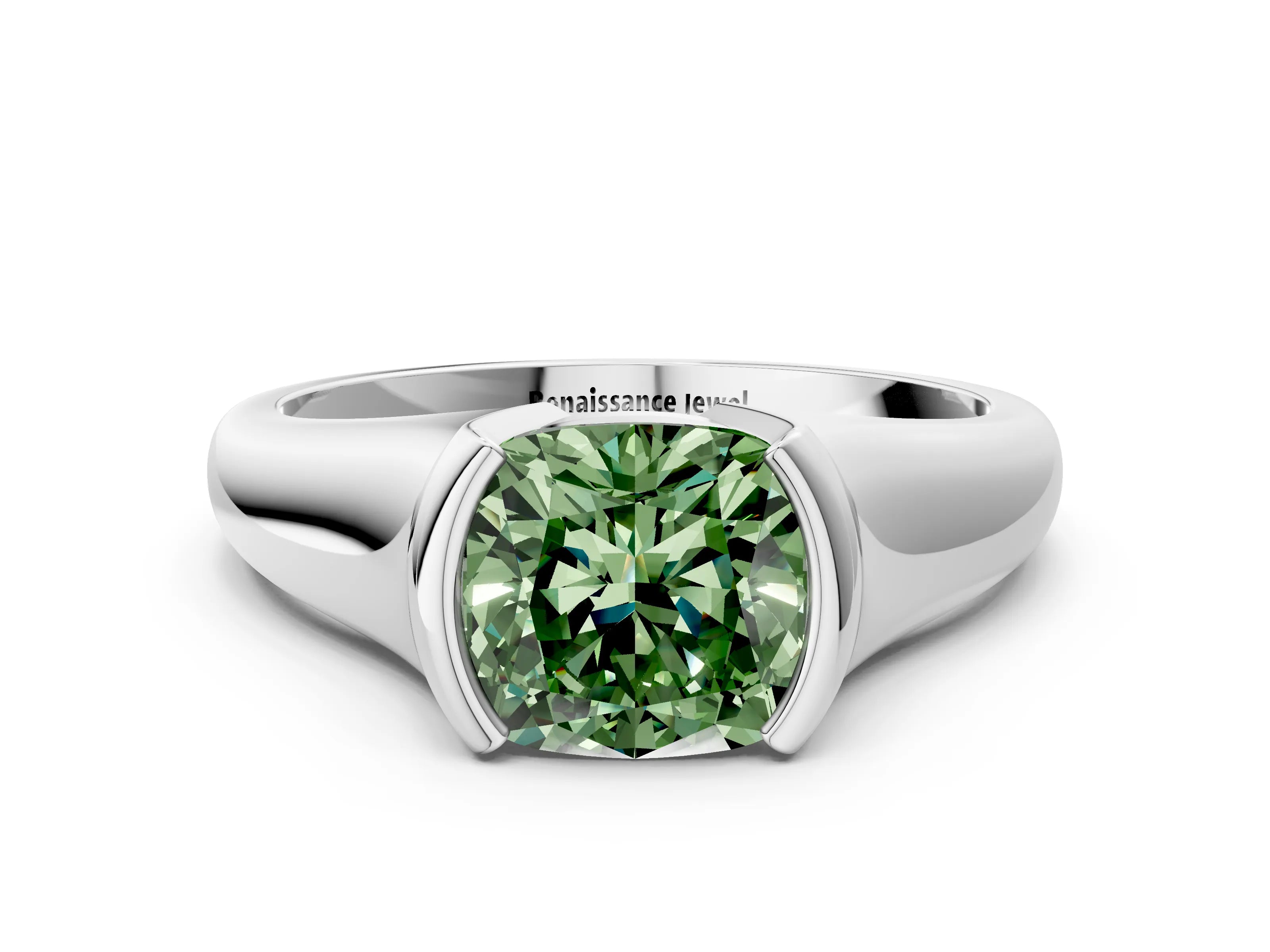 White gold Fancy Green Cushion Cut Solitaire Tension Set Diamond Ring with Split Shank Band_12