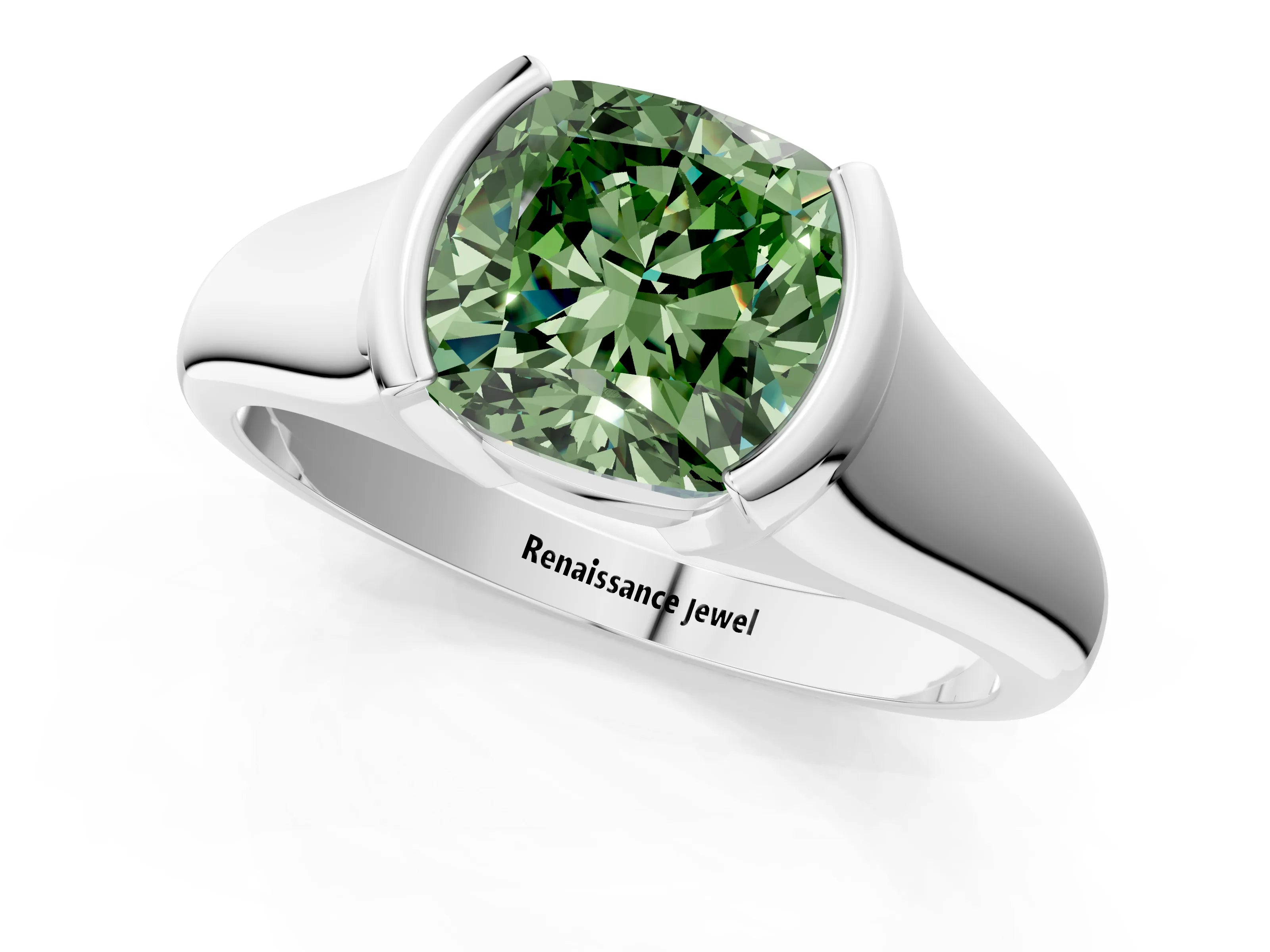White gold Fancy Green Cushion Cut Solitaire Tension Set Diamond Ring with Split Shank Band_13