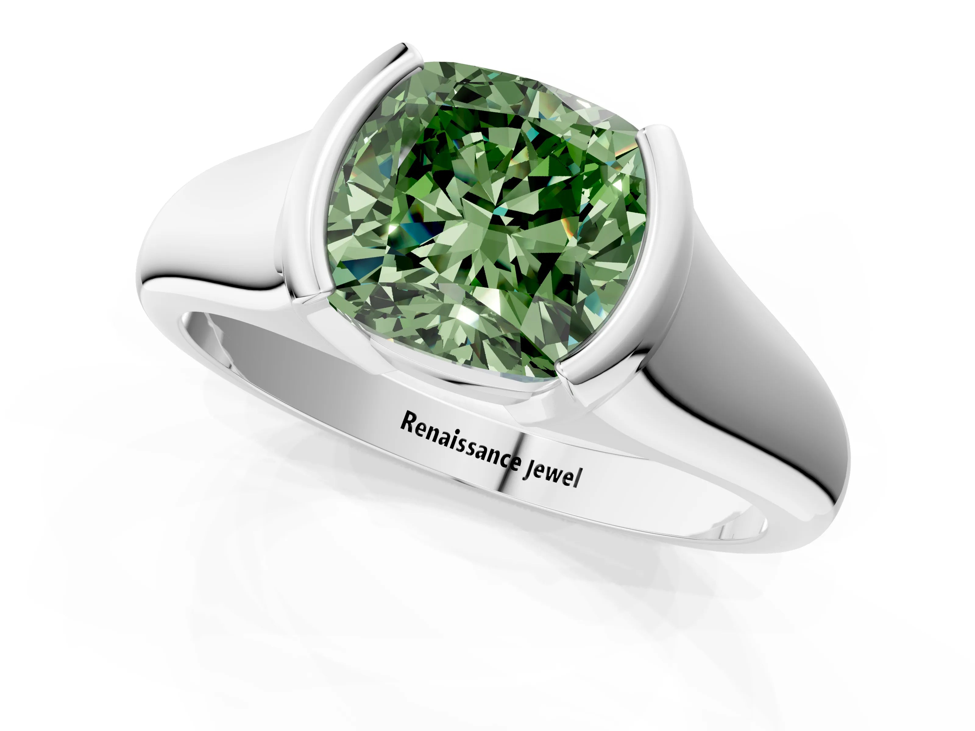 White gold Fancy Green Cushion Cut Solitaire Tension Set Diamond Ring with Split Shank Band_1