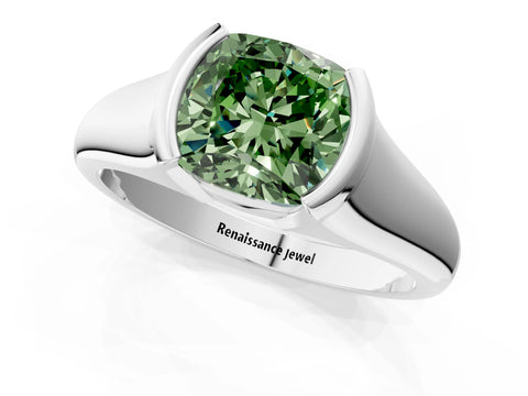 White gold Fancy Green Cushion Cut Solitaire Tension Set Diamond Ring with Split Shank Band_1