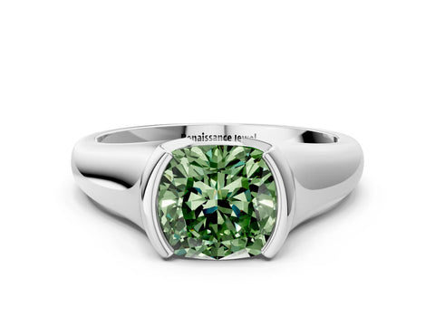 White gold Fancy Green Cushion Cut Solitaire Tension Set Diamond Ring with Split Shank Band