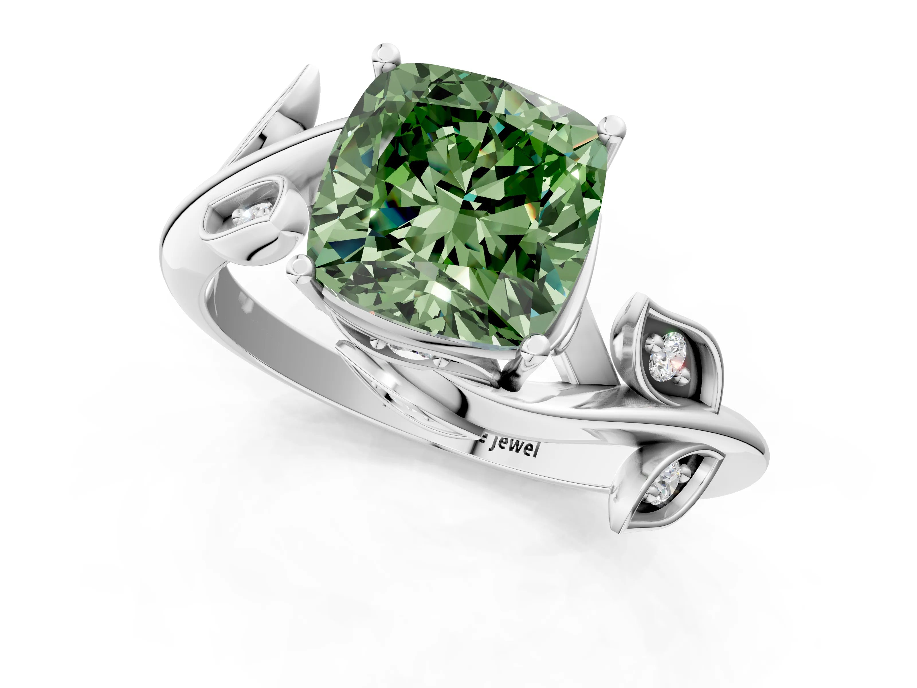 White gold Fancy Green Cushion Cut Solitaire Twist Engagement Ring with Leaf Accents and Prong Setting_1