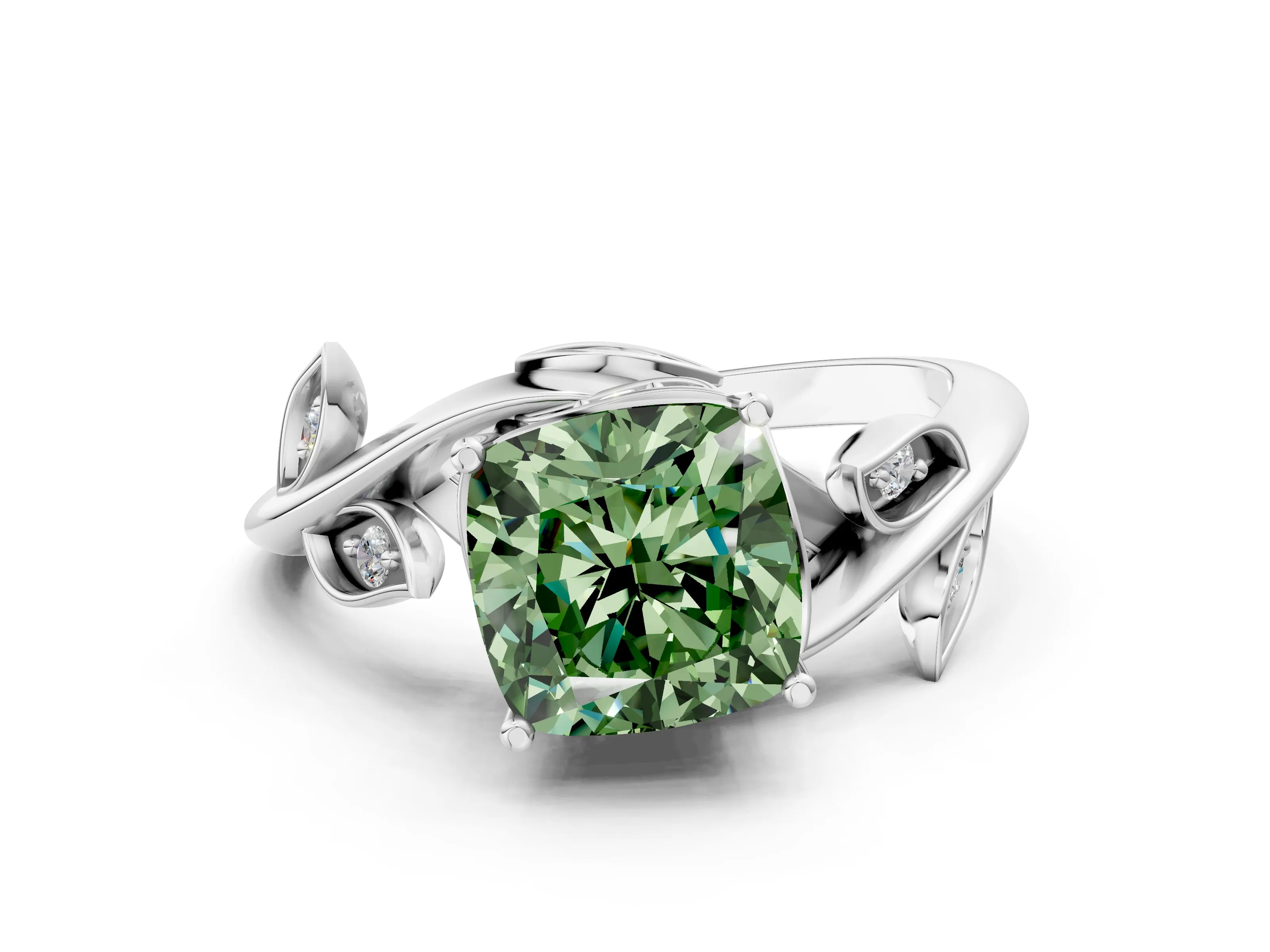 White gold Fancy Green Cushion Cut Solitaire Twist Engagement Ring with Leaf Accents and Prong Setting_12