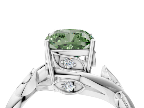 White gold Fancy Green Cushion Cut Solitaire Twist Engagement Ring with Leaf Accents and Prong Setting_16