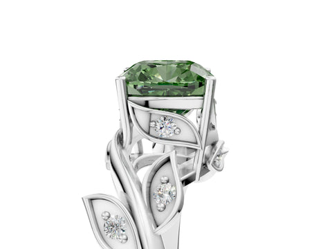 White gold Fancy Green Cushion Cut Solitaire Twist Engagement Ring with Leaf Accents and Prong Setting_17