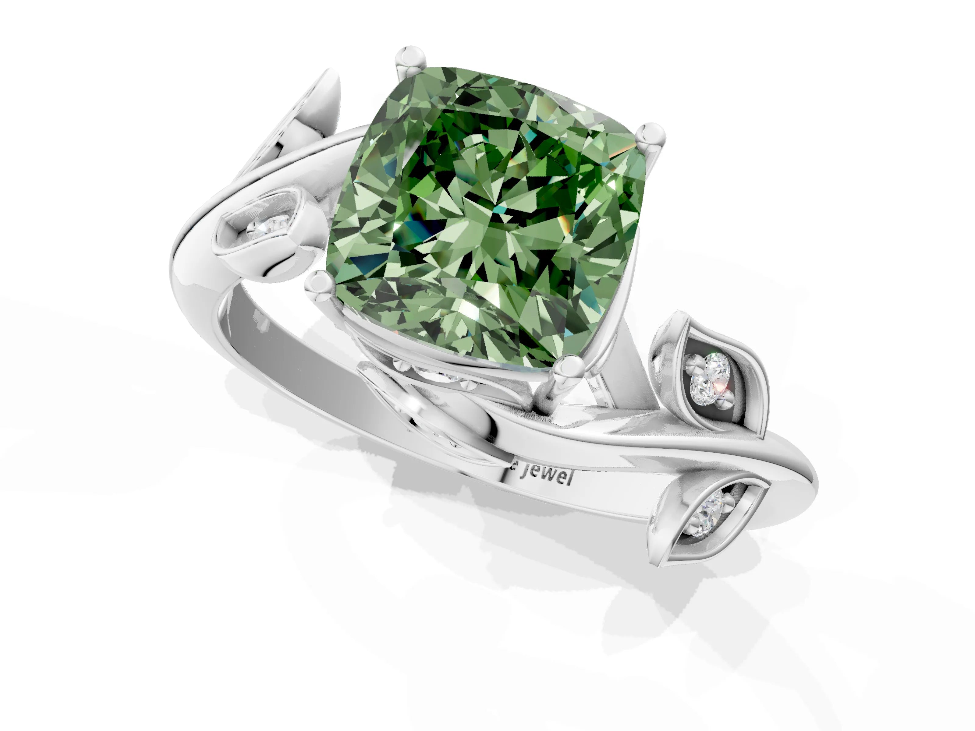White gold Fancy Green Cushion Cut Solitaire Twist Engagement Ring with Leaf Accents and Prong Setting_1