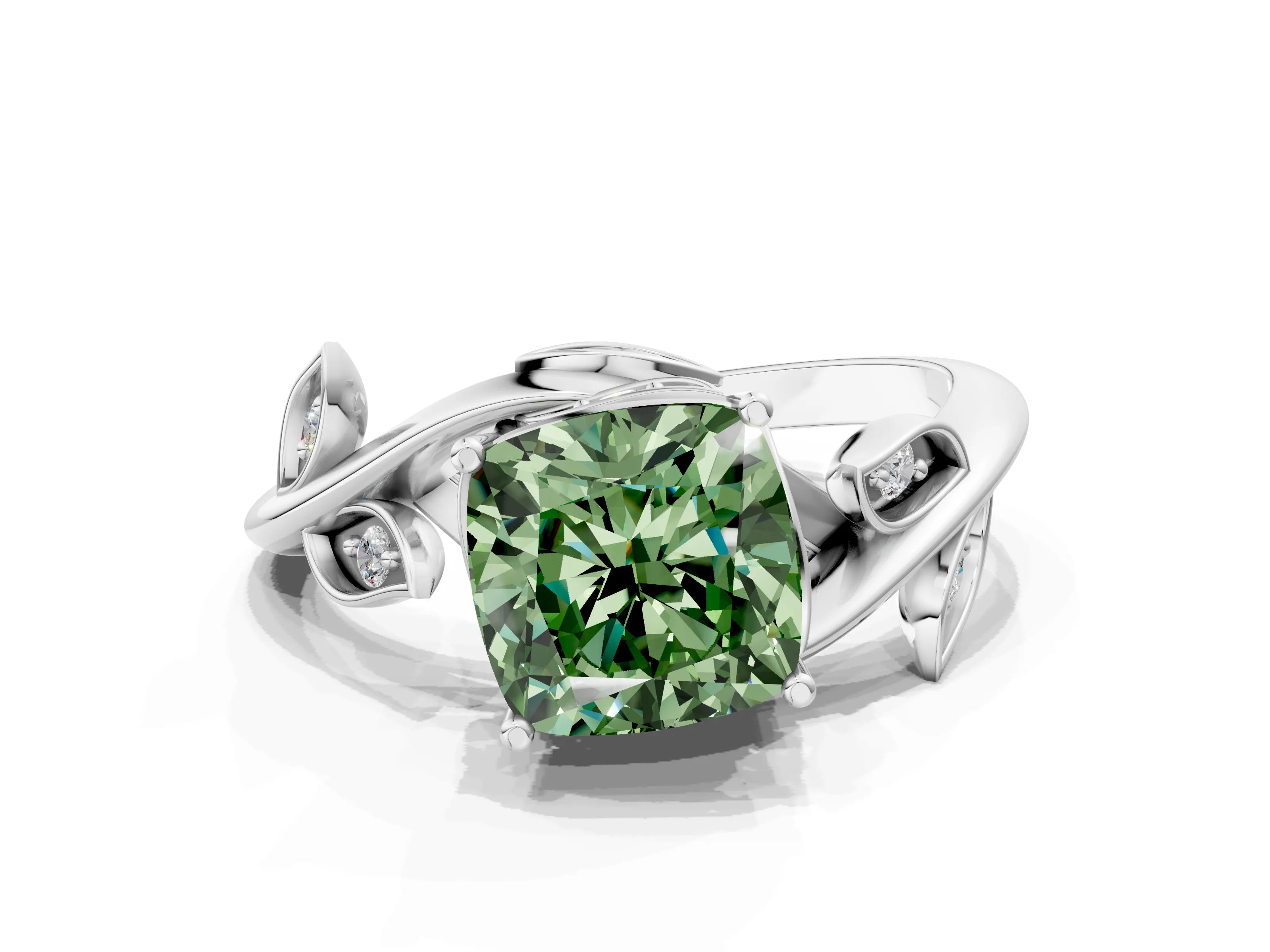 White gold Fancy Green Cushion Cut Solitaire Twist Engagement Ring with Leaf Accents and Prong Setting