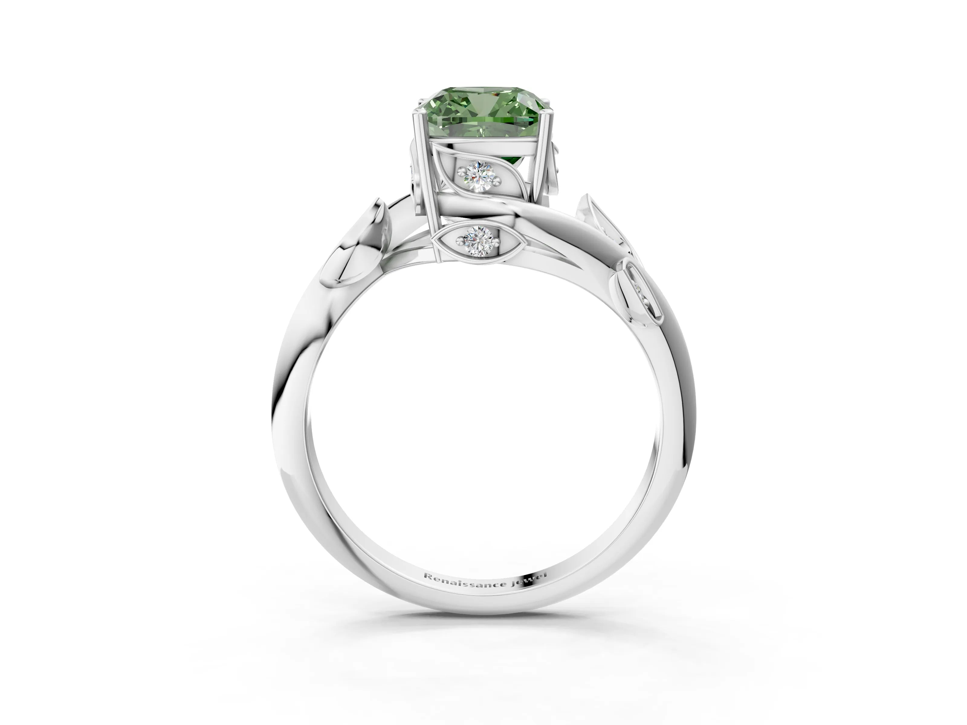 White gold Fancy Green Cushion Cut Solitaire Twist Engagement Ring with Leaf Accents and Prong Setting_3