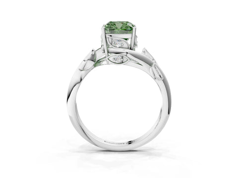 White gold Fancy Green Cushion Cut Solitaire Twist Engagement Ring with Leaf Accents and Prong Setting_3