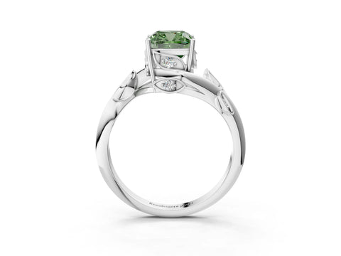 White gold Fancy Green Cushion Cut Solitaire Twist Engagement Ring with Leaf Accents and Prong Setting_3