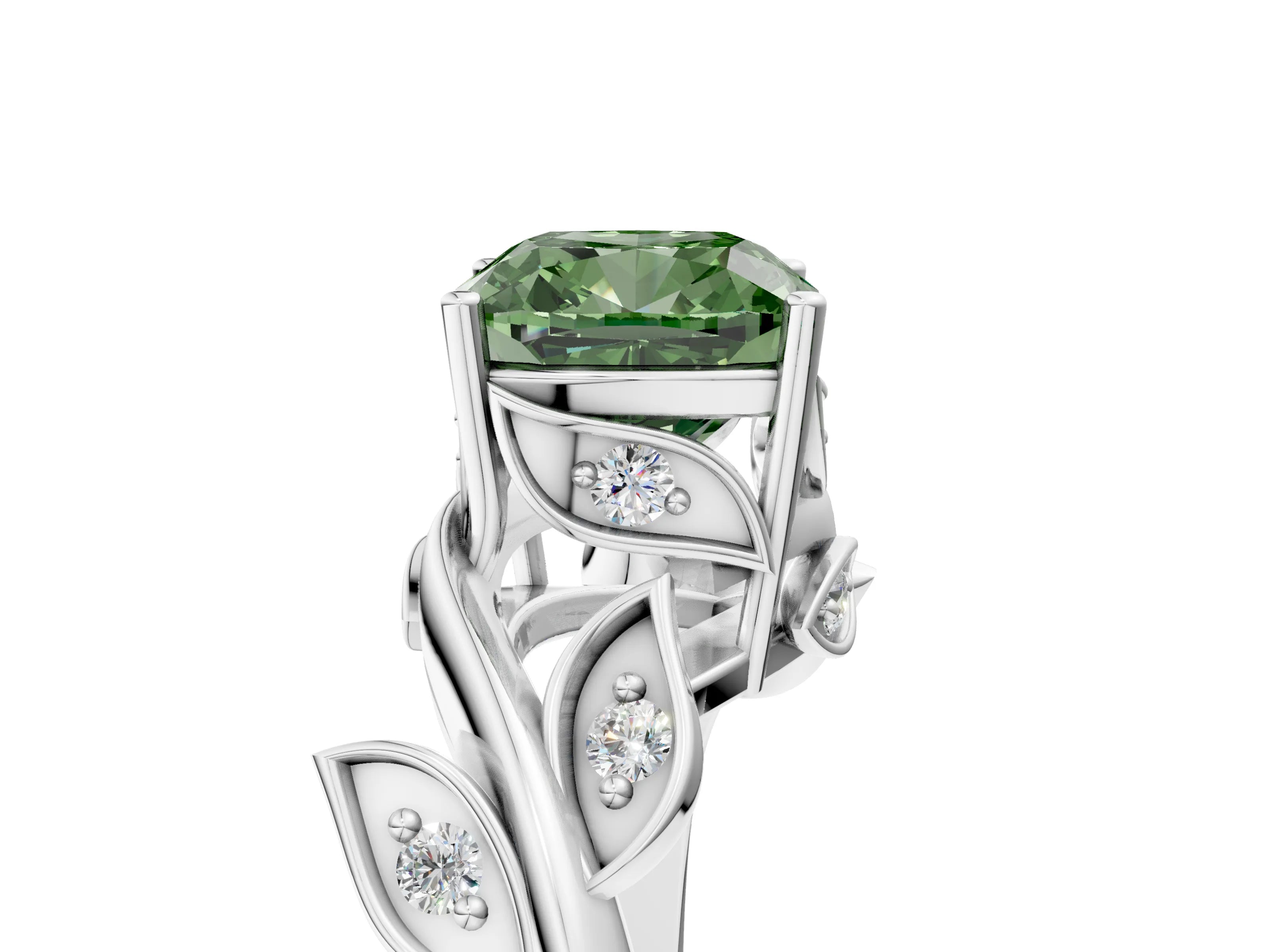 White gold Fancy Green Cushion Cut Solitaire Twist Engagement Ring with Leaf Accents and Prong Setting_5