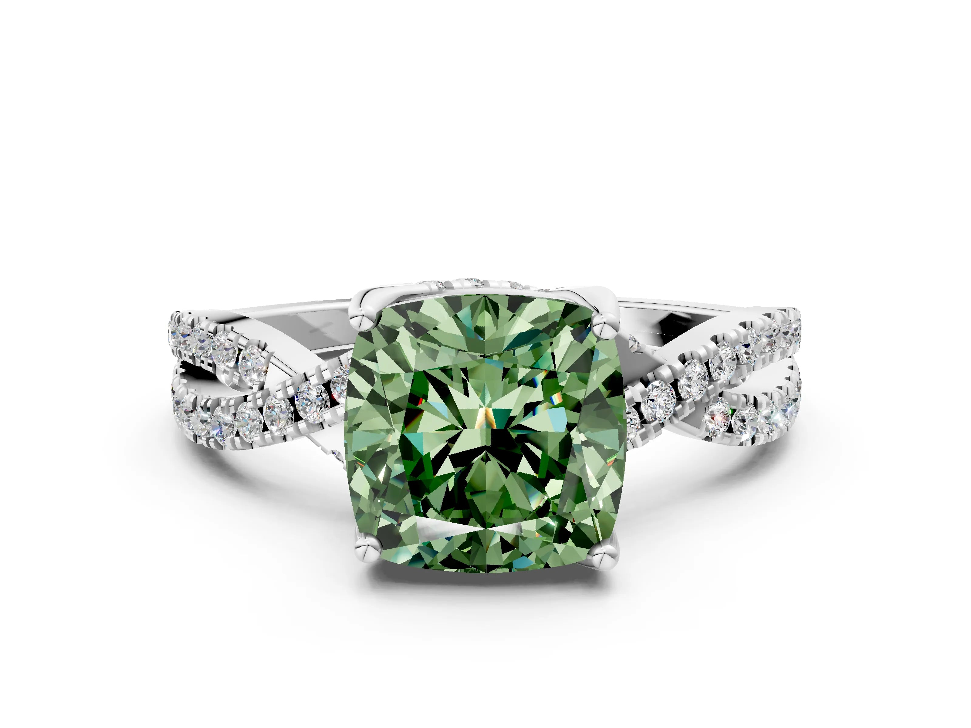 White gold Fancy Green Cushion Cut Solitaire Twist Pave Diamond Engagement Ring with Prong Setting