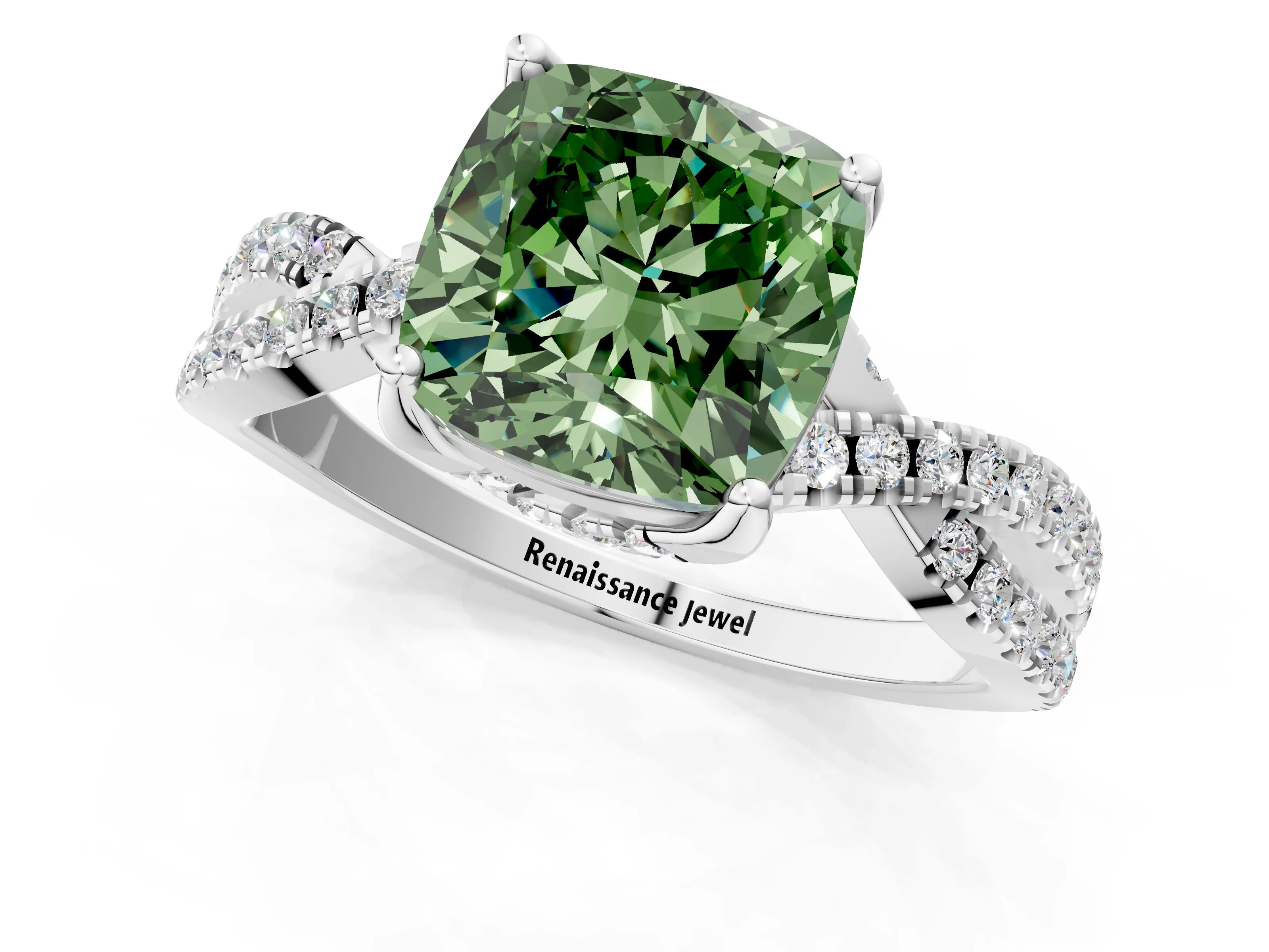 White gold Fancy Green Cushion Cut Solitaire Twist Pave Diamond Engagement Ring with Prong Setting_1