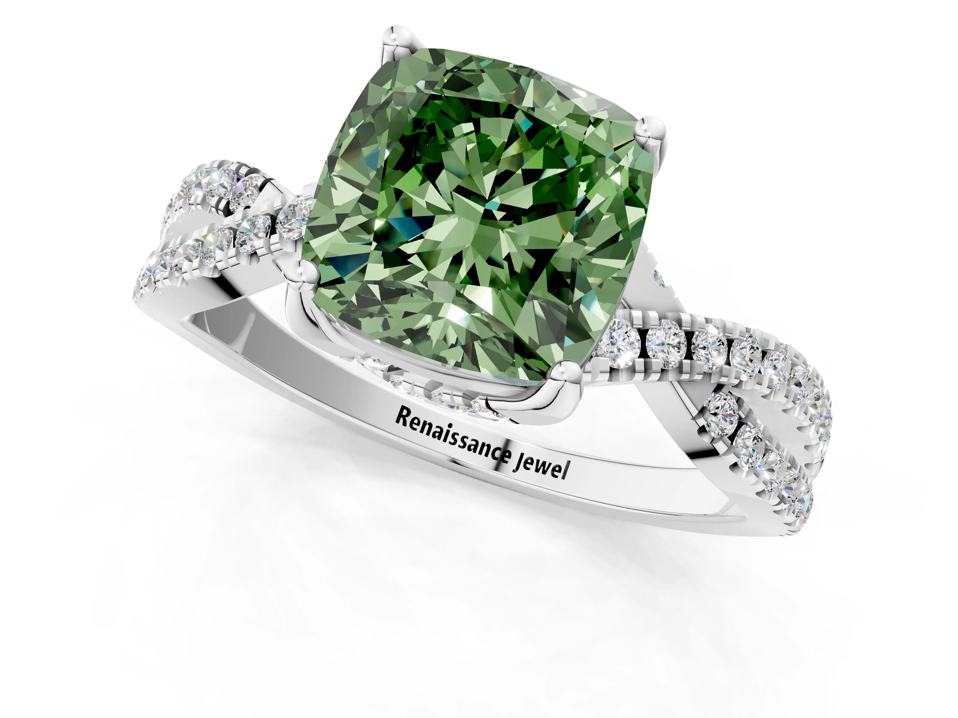White gold Fancy Green Cushion Cut Solitaire Twist Pave Diamond Engagement Ring with Prong Setting_1