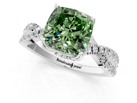 White gold Fancy Green Cushion Cut Solitaire Twist Pave Diamond Engagement Ring with Prong Setting_1