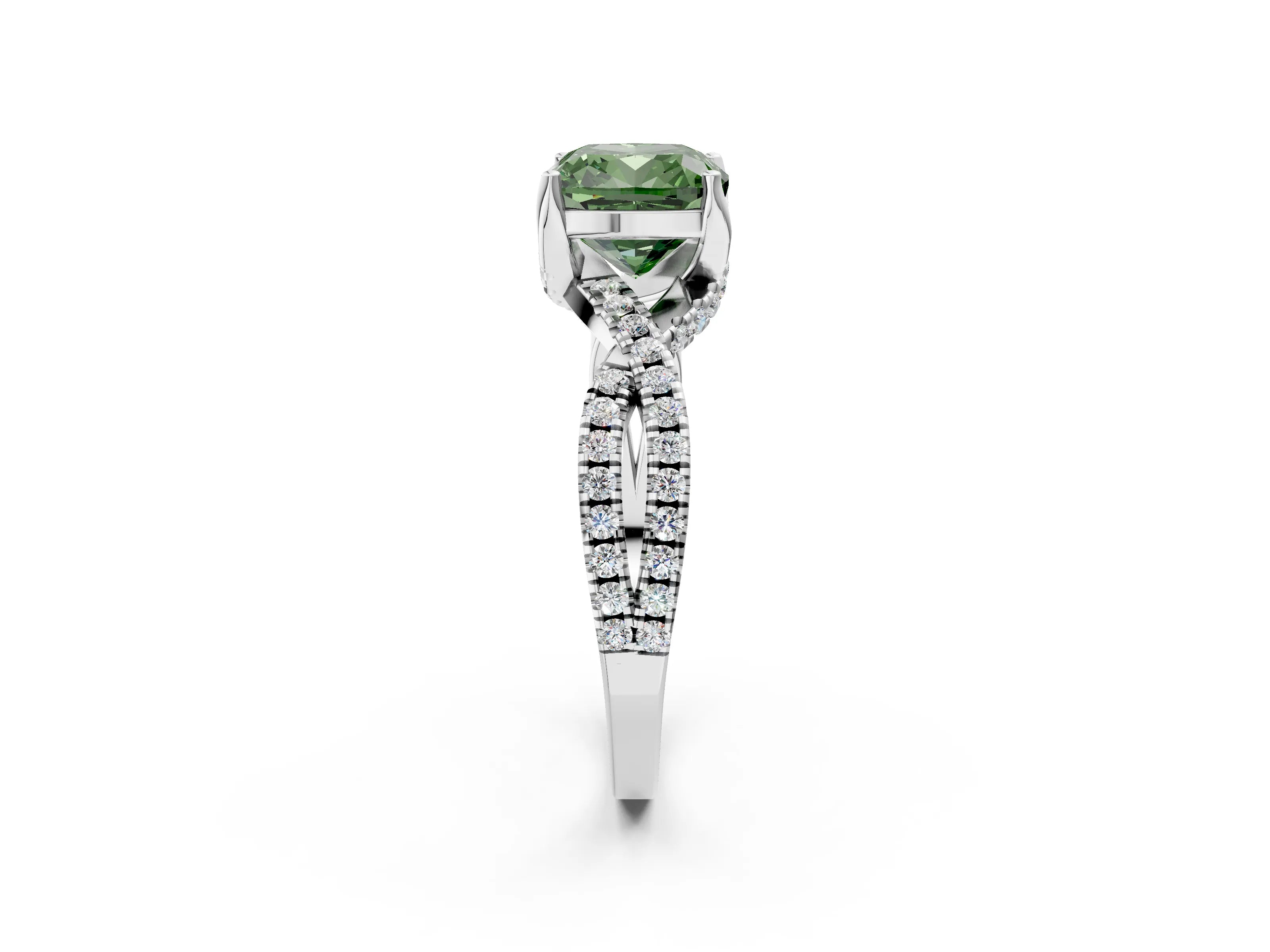White gold Fancy Green Cushion Cut Solitaire Twist Pave Diamond Engagement Ring with Prong Setting_2