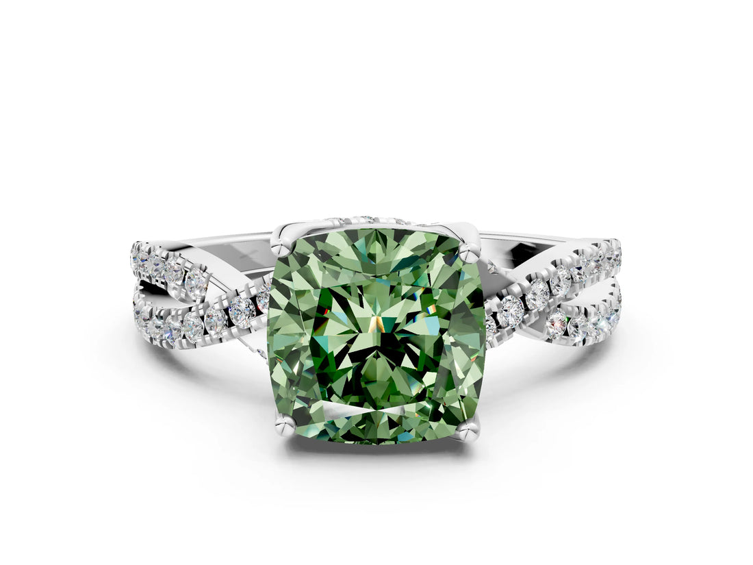 White gold Fancy Green Cushion Cut Solitaire Twist Pave Diamond Engagement Ring with Prong Setting