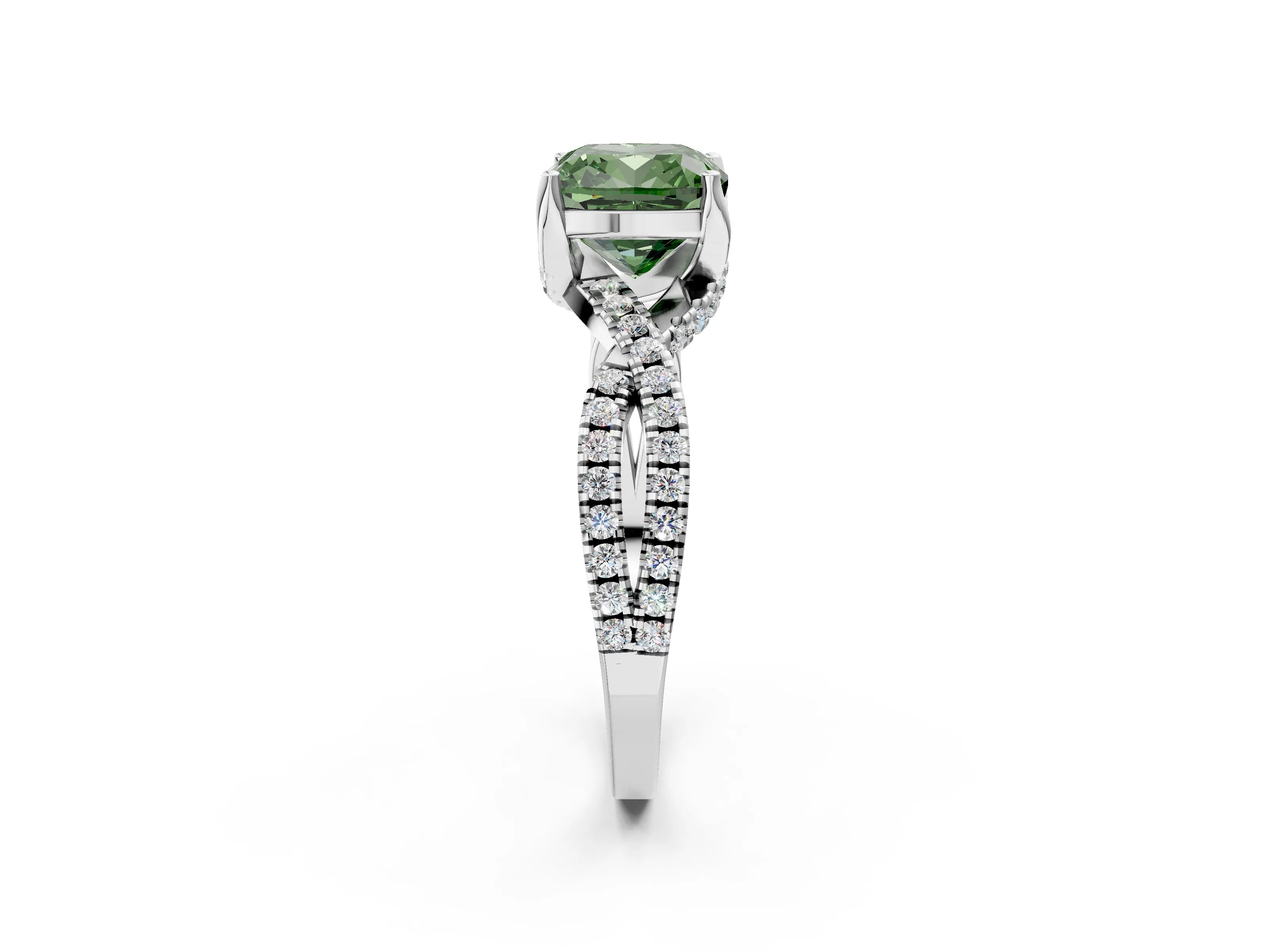 White gold Fancy Green Cushion Cut Solitaire Twist Pave Diamond Engagement Ring with Prong Setting_2
