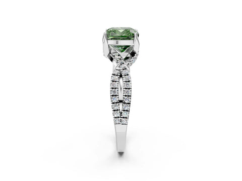 White gold Fancy Green Cushion Cut Solitaire Twist Pave Diamond Engagement Ring with Prong Setting_2