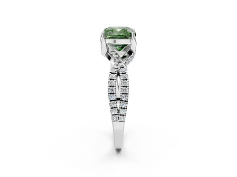 White gold Fancy Green Cushion Cut Solitaire Twist Pave Diamond Engagement Ring with Prong Setting_2