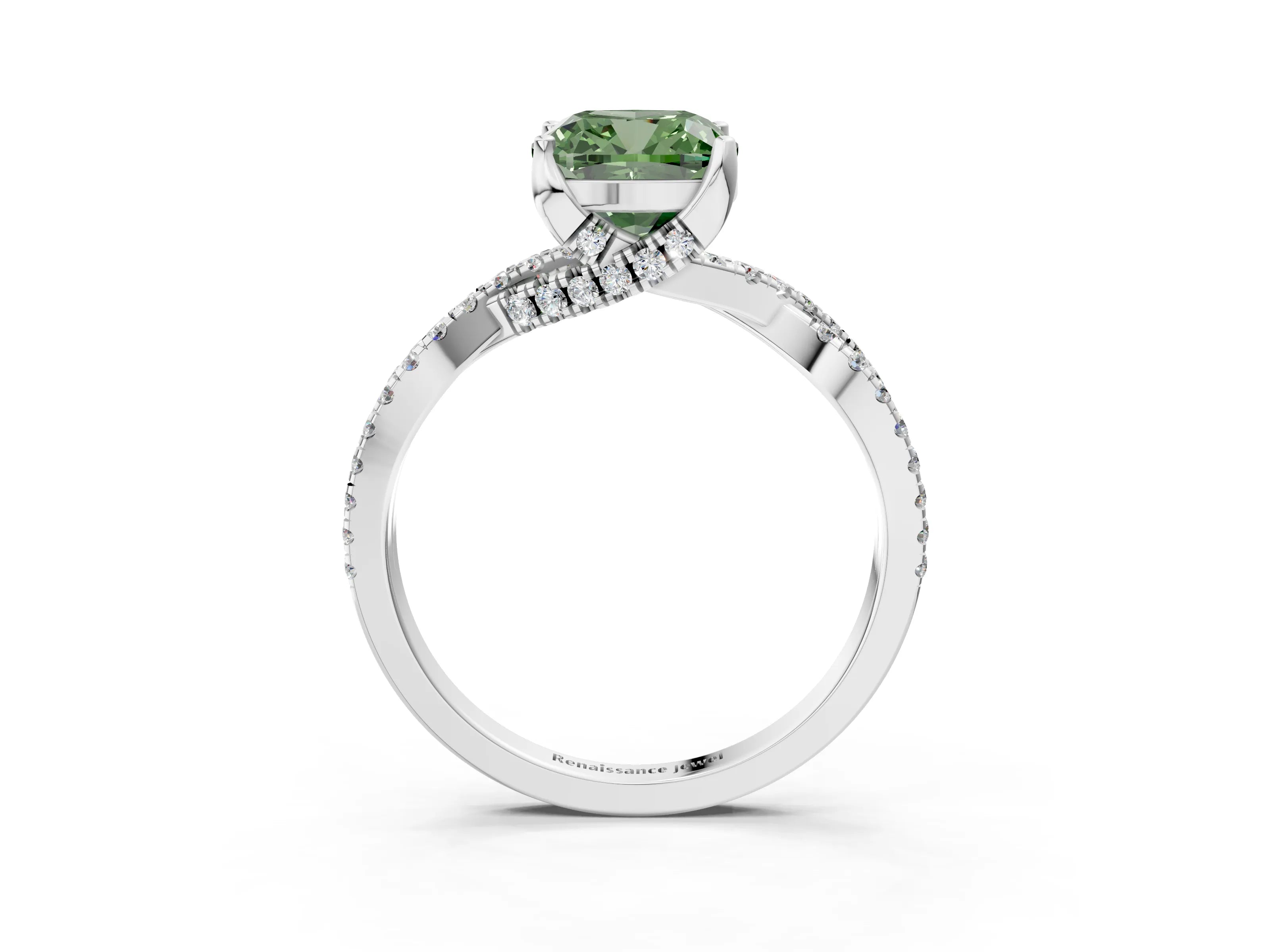 White gold Fancy Green Cushion Cut Solitaire Twist Pave Diamond Engagement Ring with Prong Setting_3