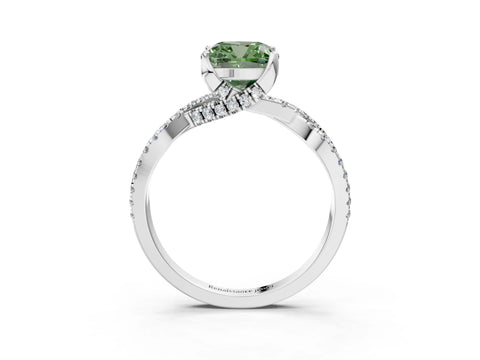 White gold Fancy Green Cushion Cut Solitaire Twist Pave Diamond Engagement Ring with Prong Setting_3