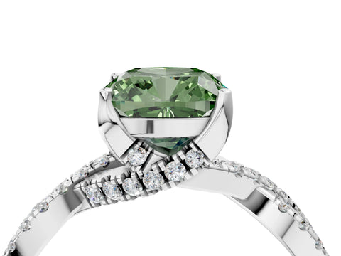 White gold Fancy Green Cushion Cut Solitaire Twist Pave Diamond Engagement Ring with Prong Setting_4