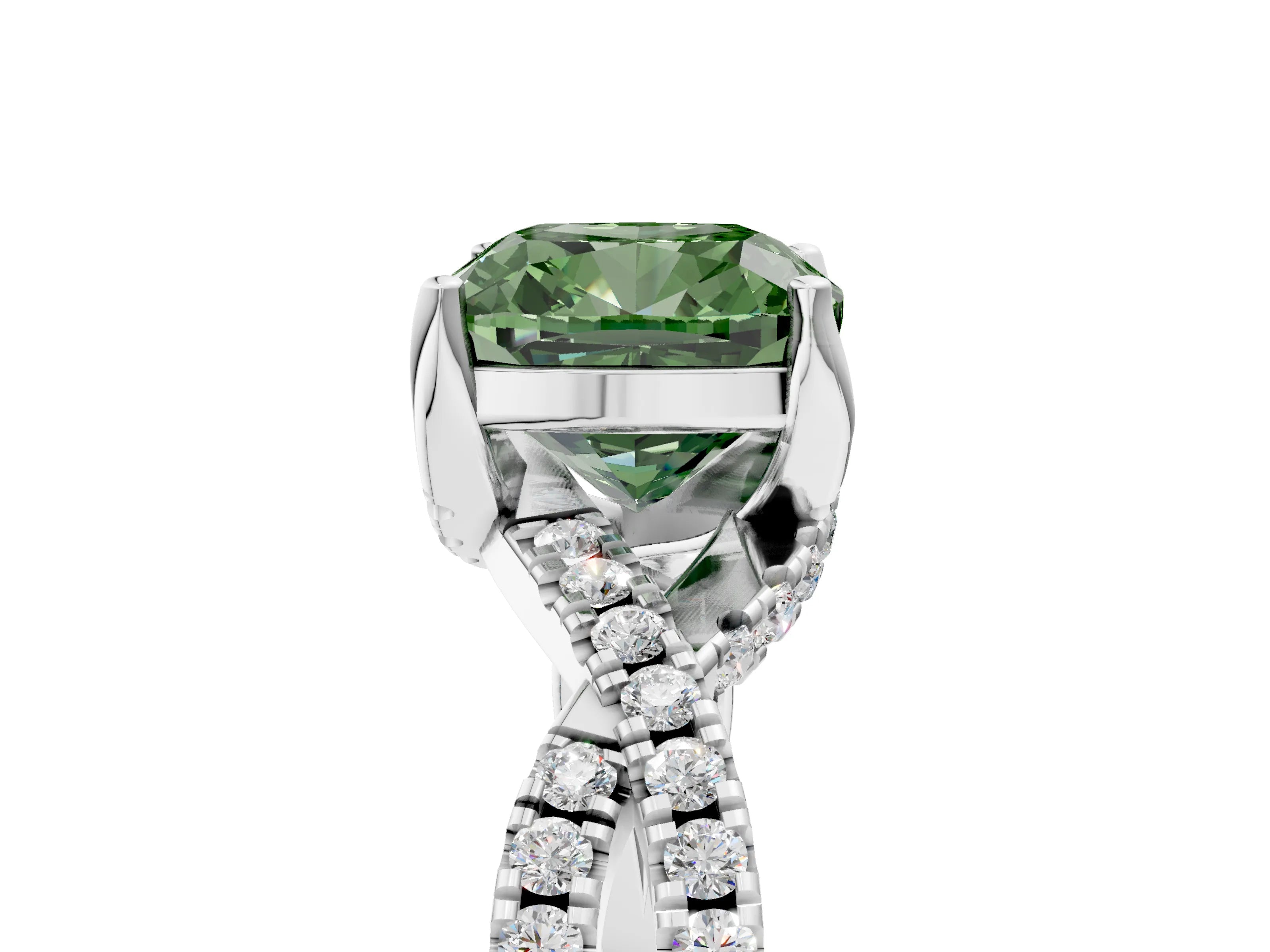 White gold Fancy Green Cushion Cut Solitaire Twist Pave Diamond Engagement Ring with Prong Setting_5