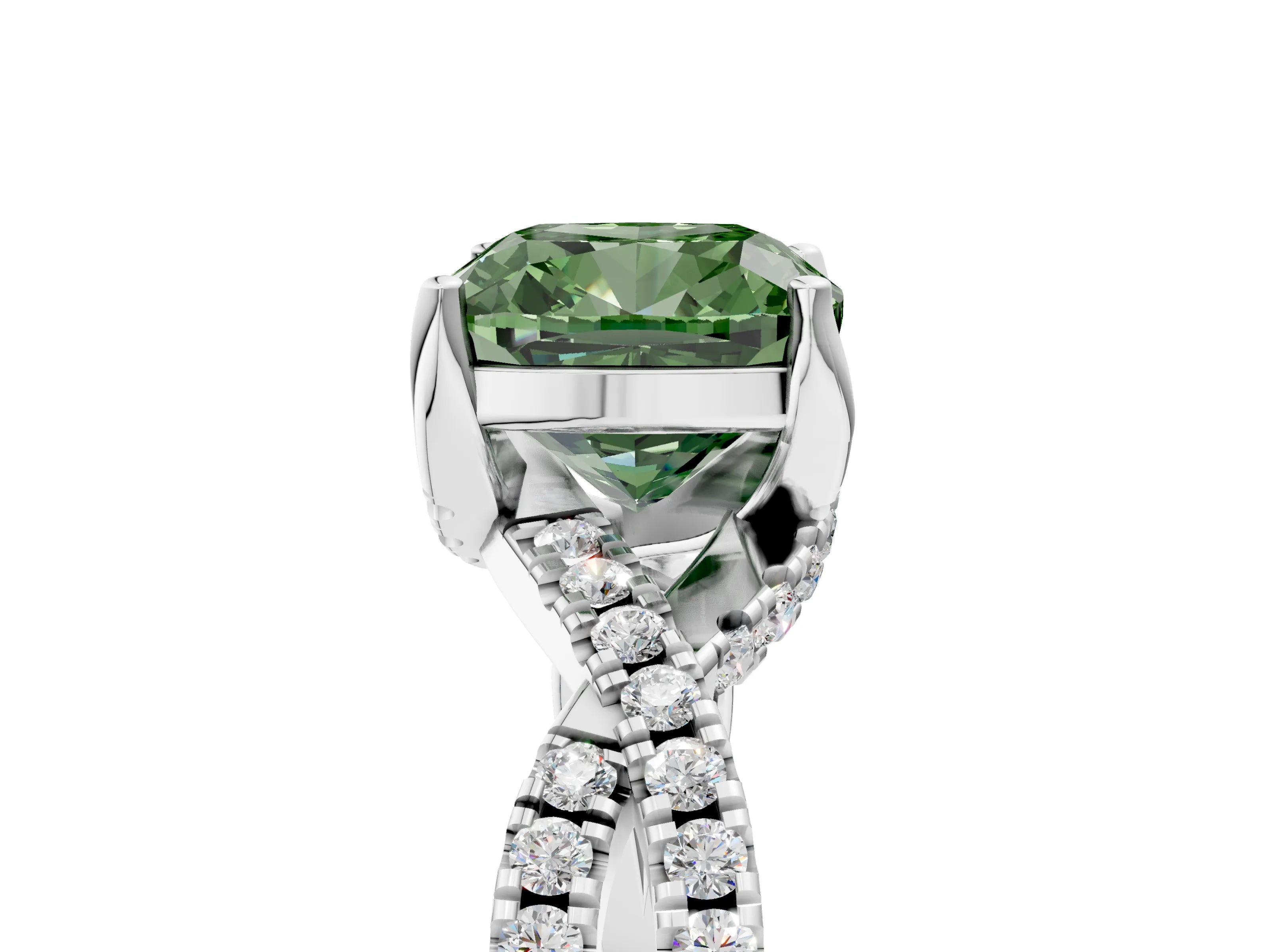 White gold Fancy Green Cushion Cut Solitaire Twist Pave Diamond Engagement Ring with Prong Setting_5