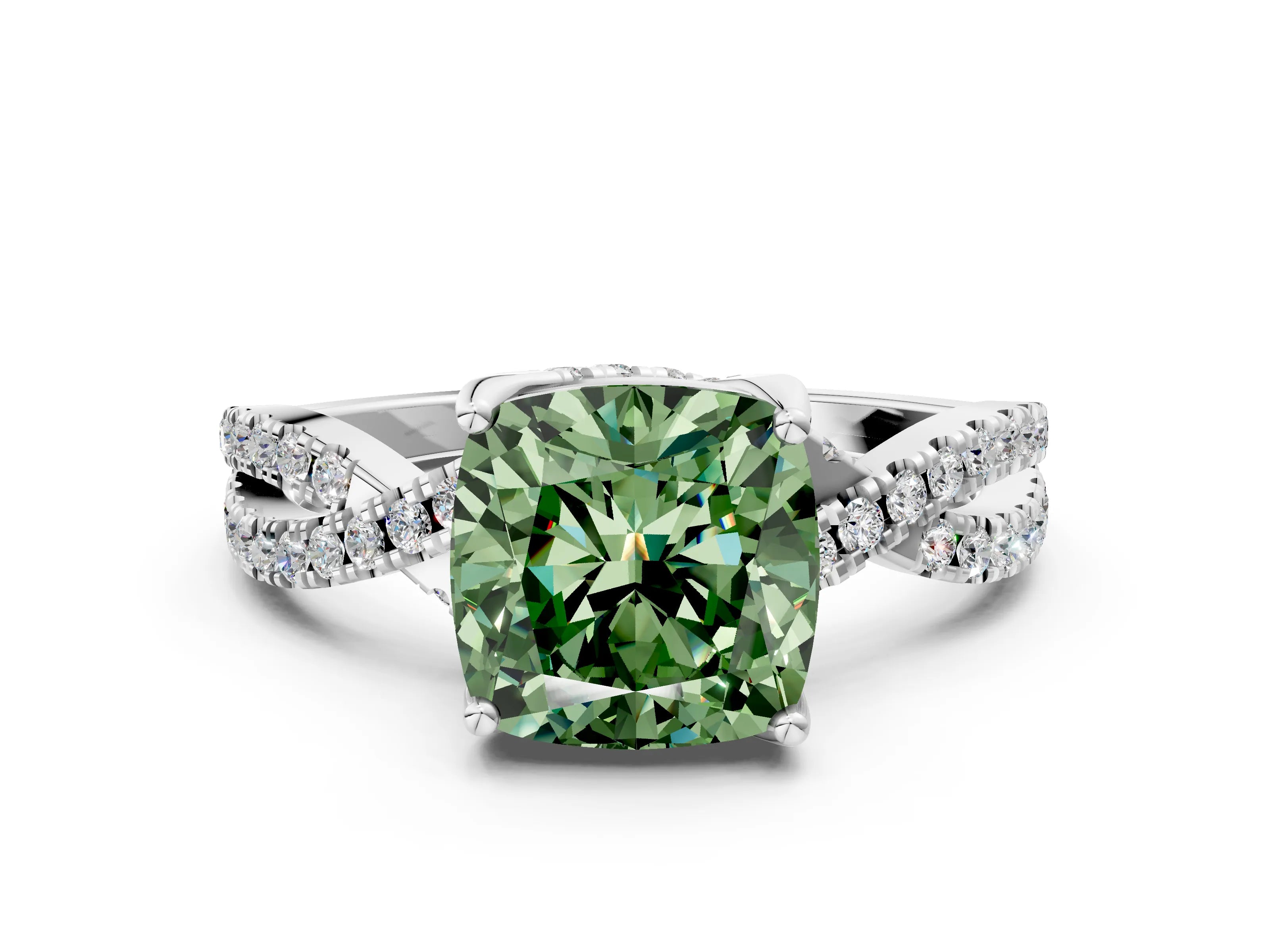 White gold Fancy Green Cushion Cut Solitaire Twist Pave Diamond Engagement Ring with Prong Setting