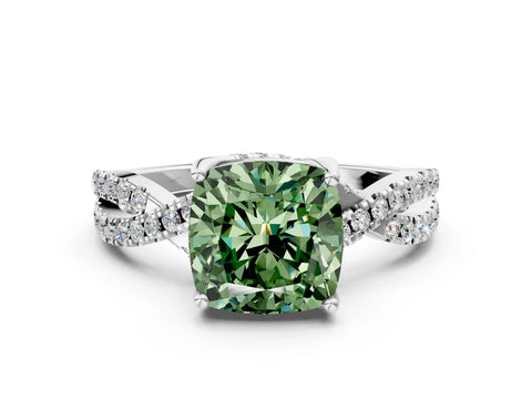 White gold Fancy Green Cushion Cut Solitaire Twist Pave Diamond Engagement Ring with Prong Setting