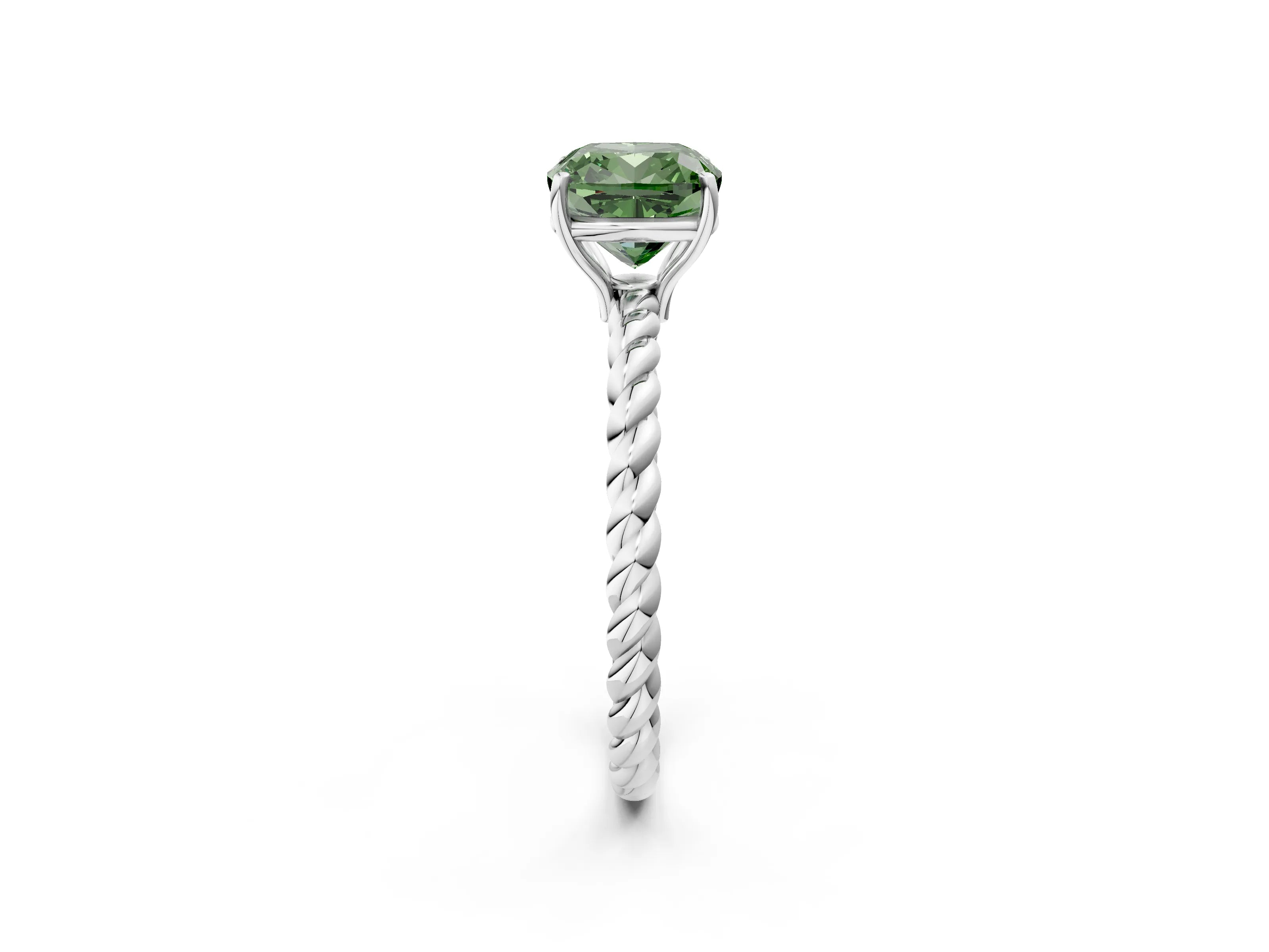 White gold Fancy Green Cushion Cut Solitaire Twisted Band 4-Prong Ring_14