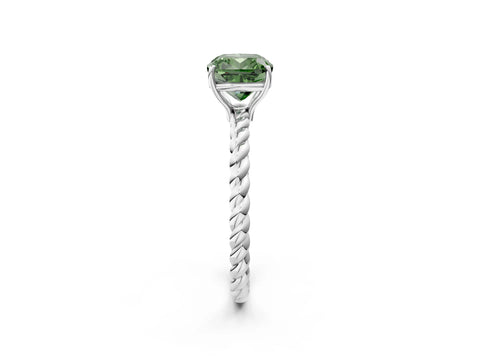 White gold Fancy Green Cushion Cut Solitaire Twisted Band 4-Prong Ring_14