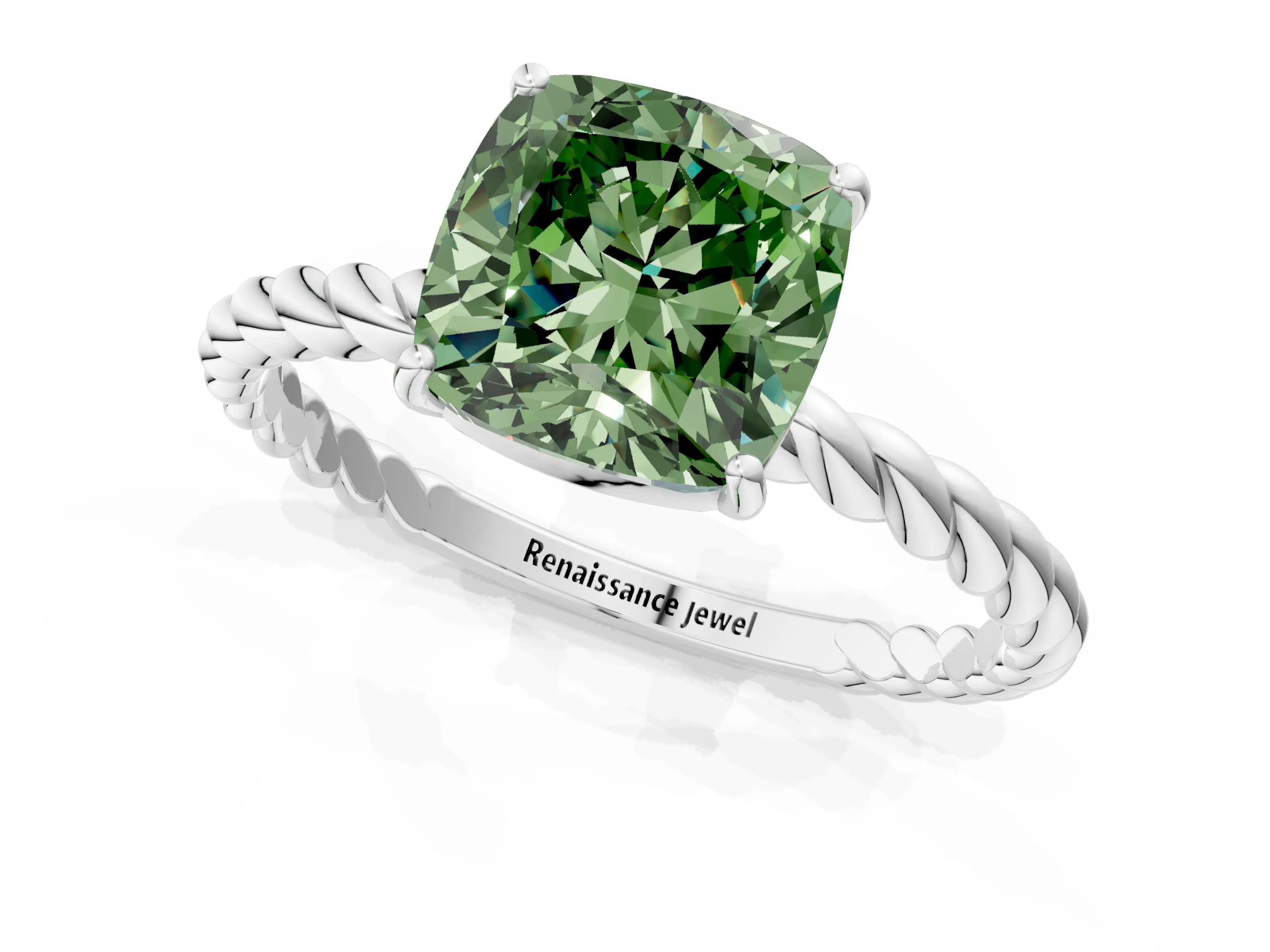 White gold Fancy Green Cushion Cut Solitaire Twisted Band 4-Prong Ring_25