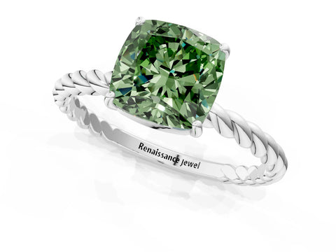 White gold Fancy Green Cushion Cut Solitaire Twisted Band 4-Prong Ring_25
