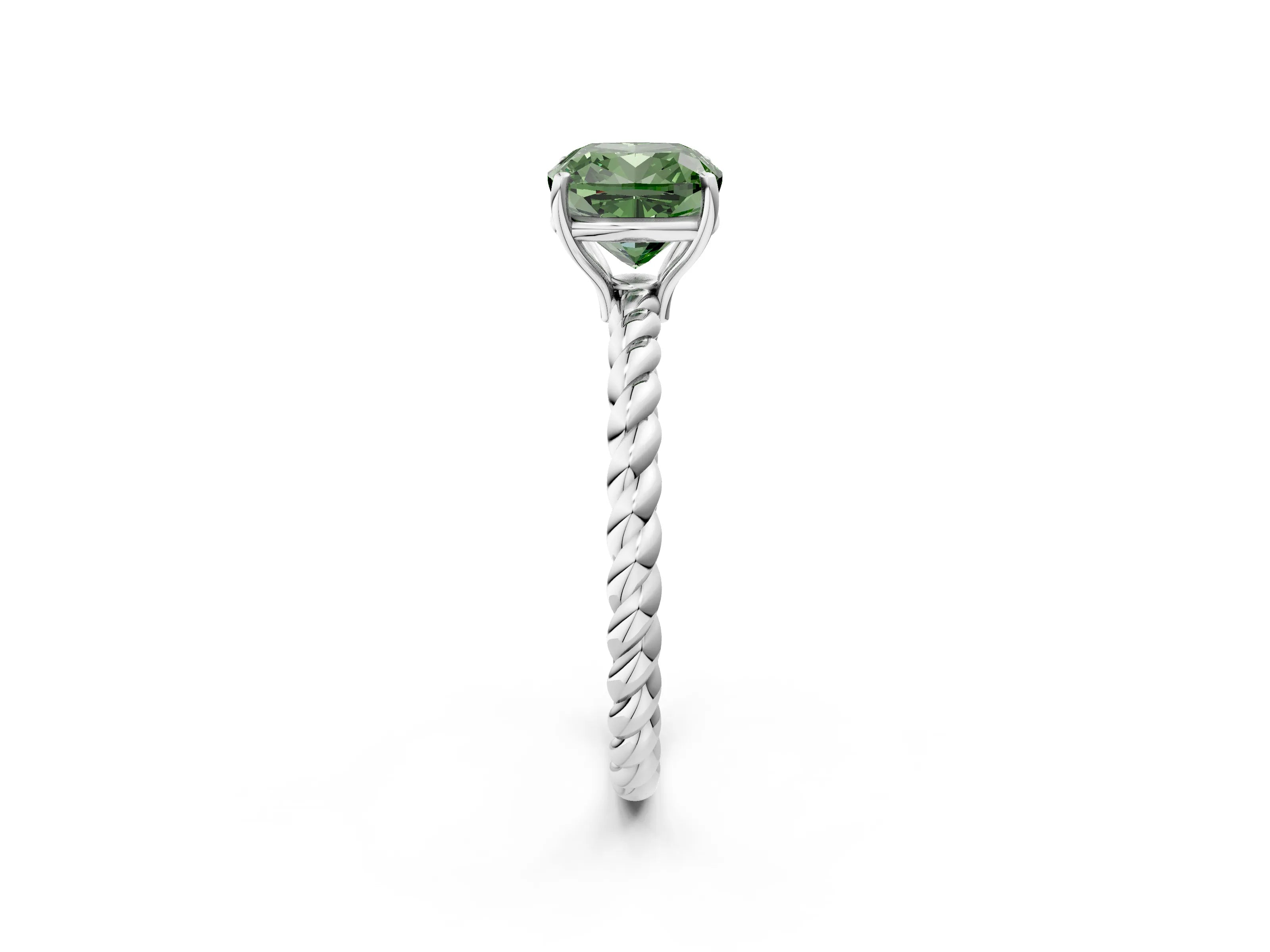White gold Fancy Green Cushion Cut Solitaire Twisted Band 4-Prong Ring_26
