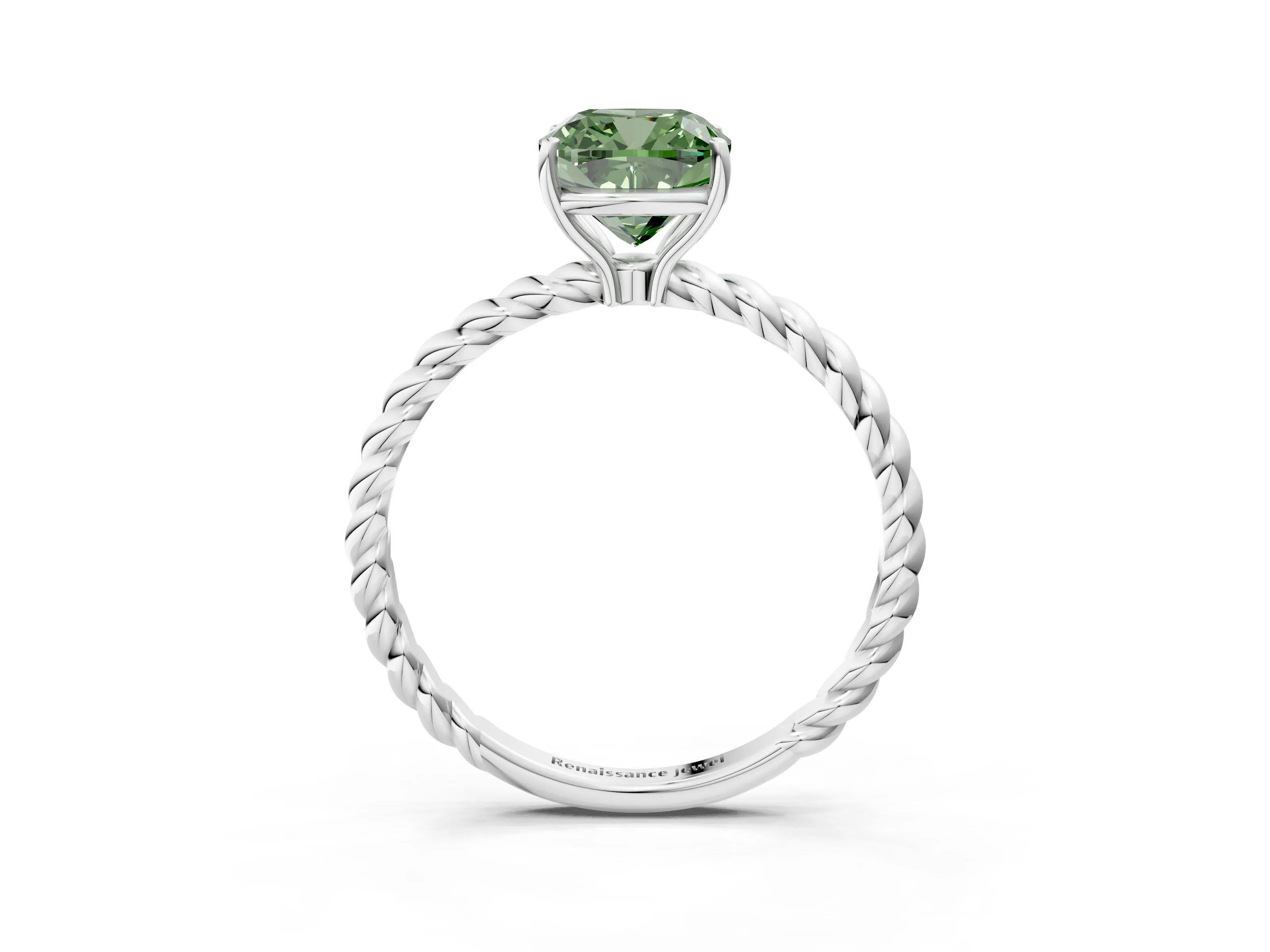 White gold Fancy Green Cushion Cut Solitaire Twisted Band 4-Prong Ring_27