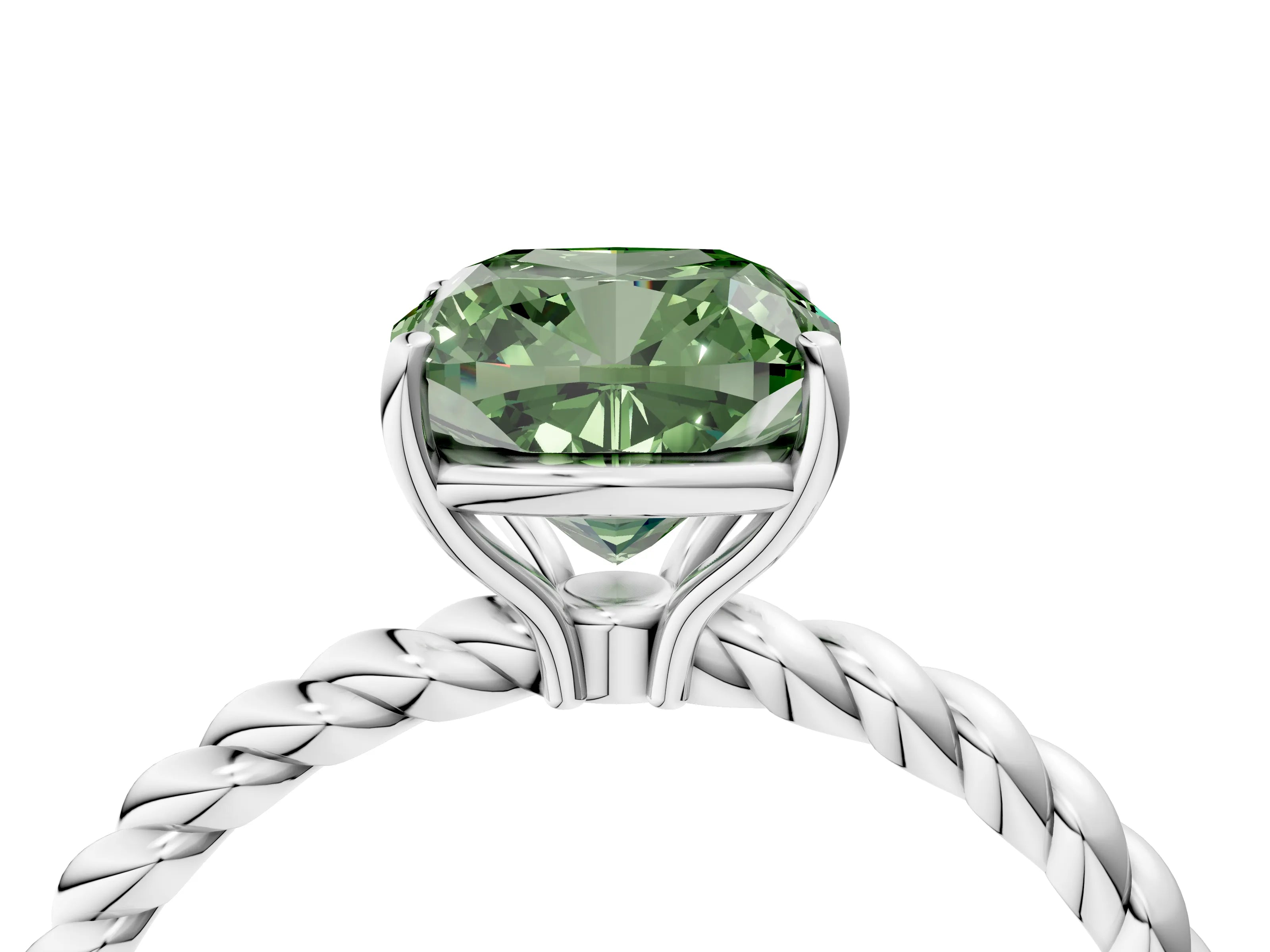 White gold Fancy Green Cushion Cut Solitaire Twisted Band 4-Prong Ring_28