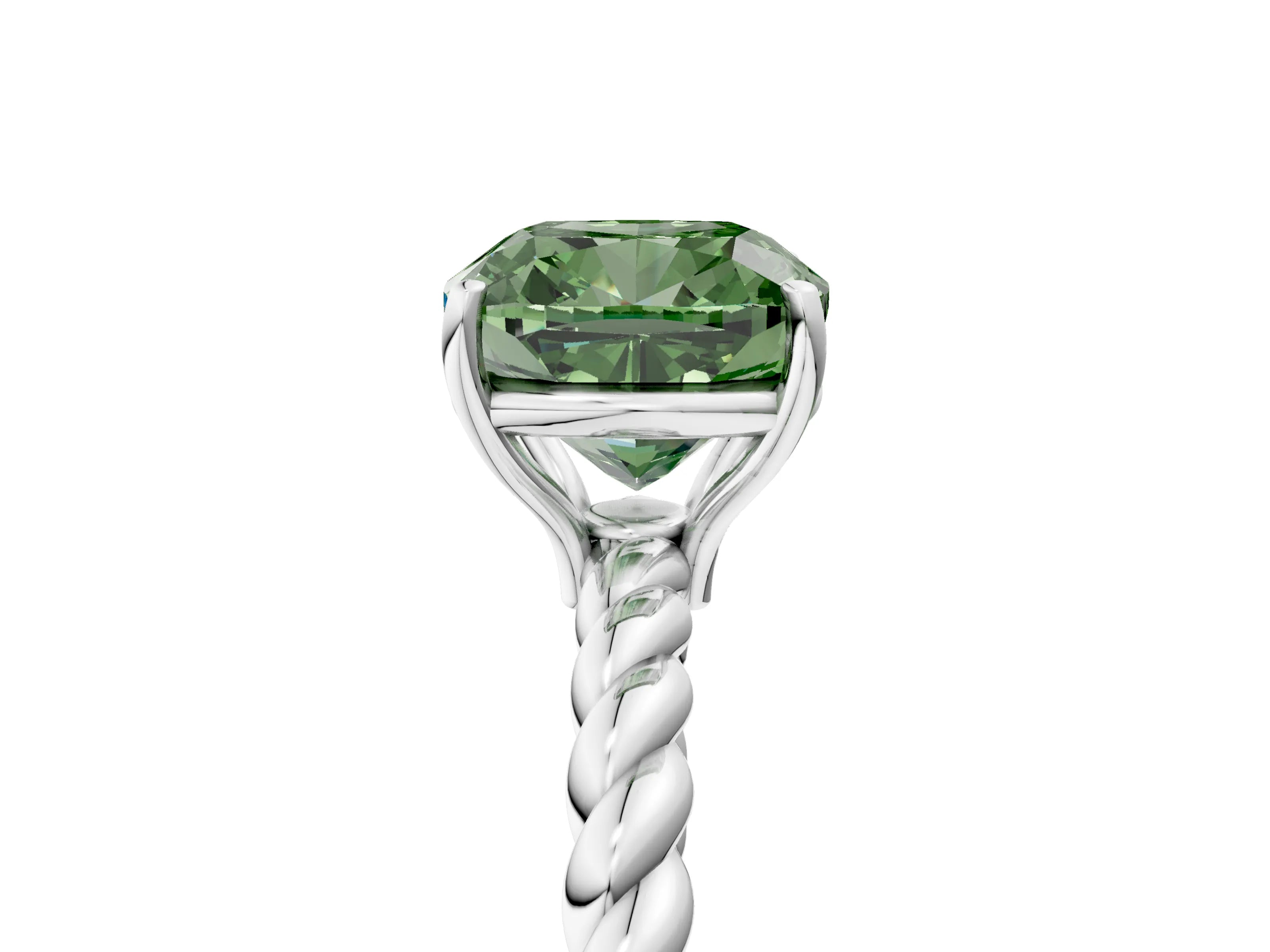 White gold Fancy Green Cushion Cut Solitaire Twisted Band 4-Prong Ring_29