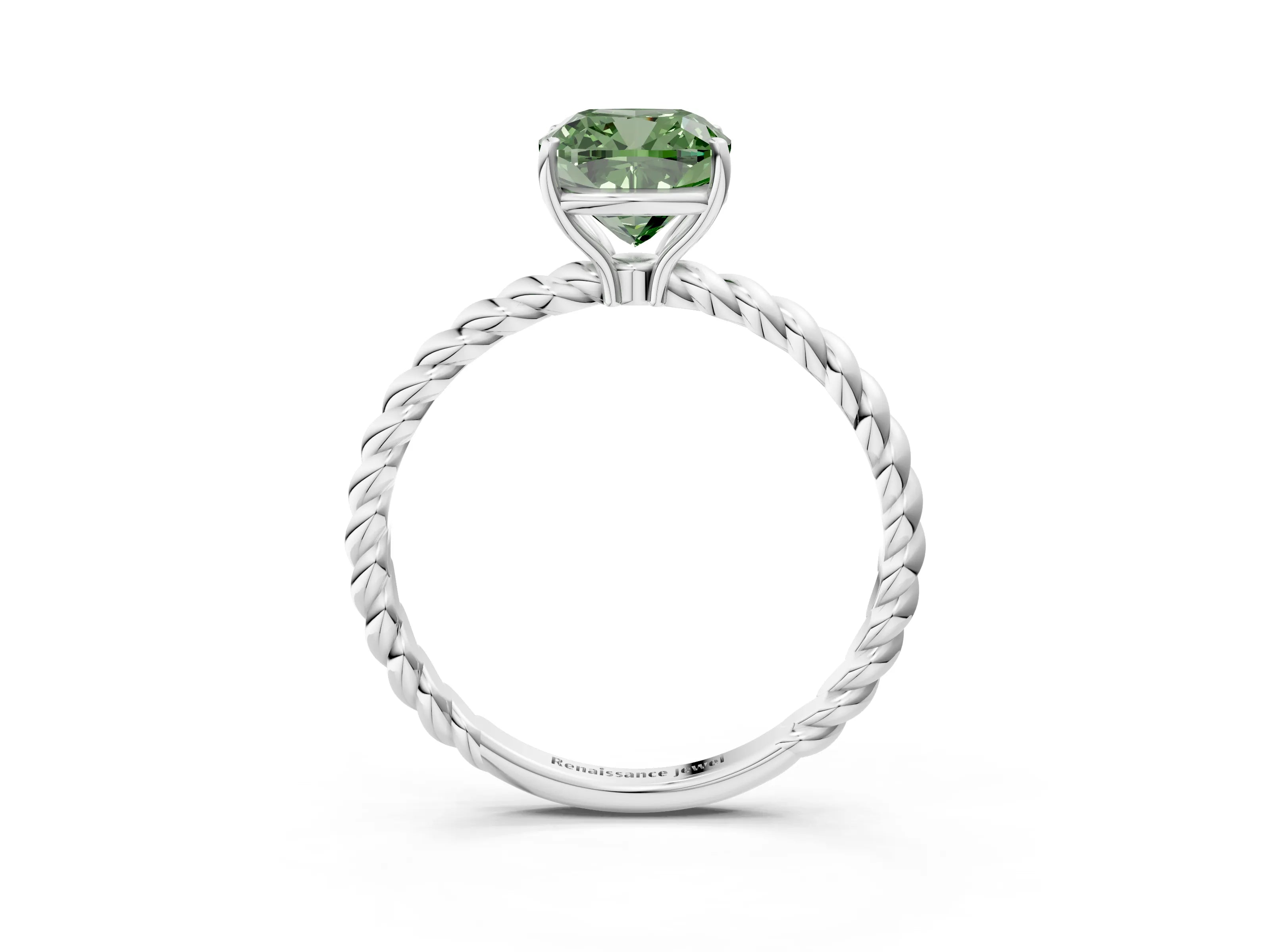 White gold Fancy Green Cushion Cut Solitaire Twisted Band 4-Prong Ring_3