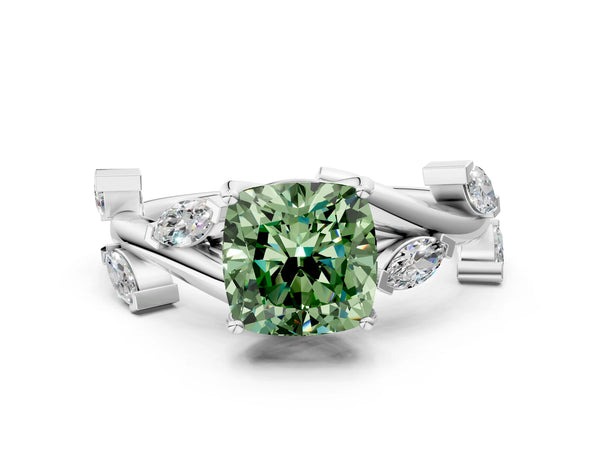 Platinum Fancy Green Cushion Cut Solitaire Twisted Band Marquise Accent Prong Setting Ring