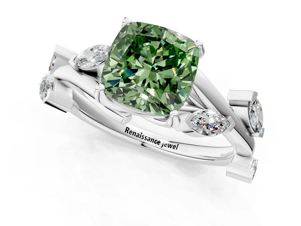 Platinum Fancy Green Cushion Cut Solitaire Twisted Band Marquise Accent Prong Setting Ring