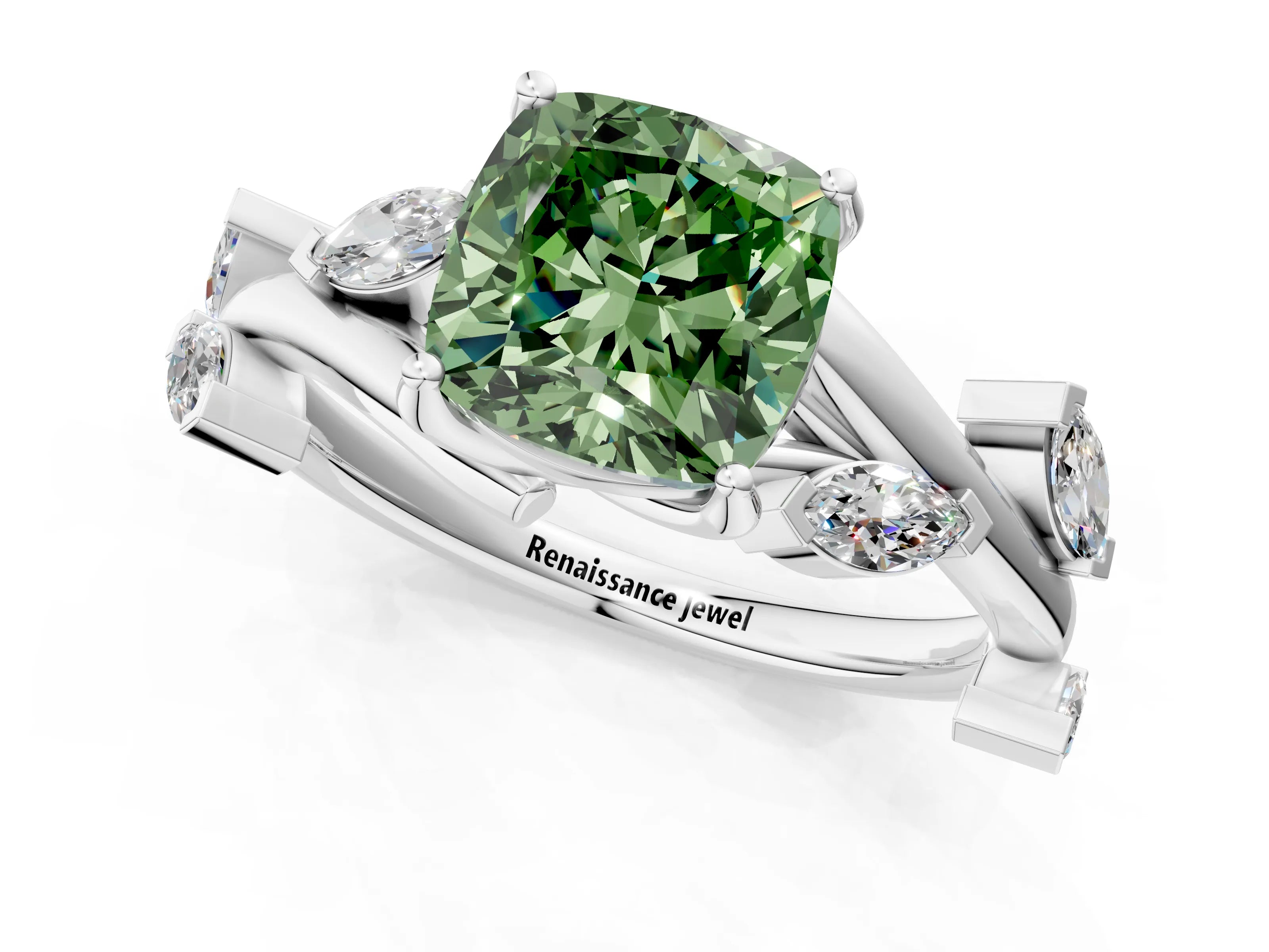 White gold Fancy Green Cushion Cut Solitaire Twisted Band Marquise Accent Prong Setting Ring_1