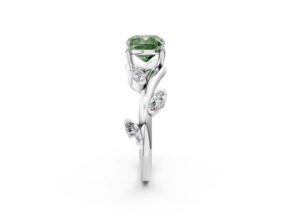 Platinum Fancy Green Cushion Cut Solitaire Twisted Band Marquise Accent Prong Setting Ring